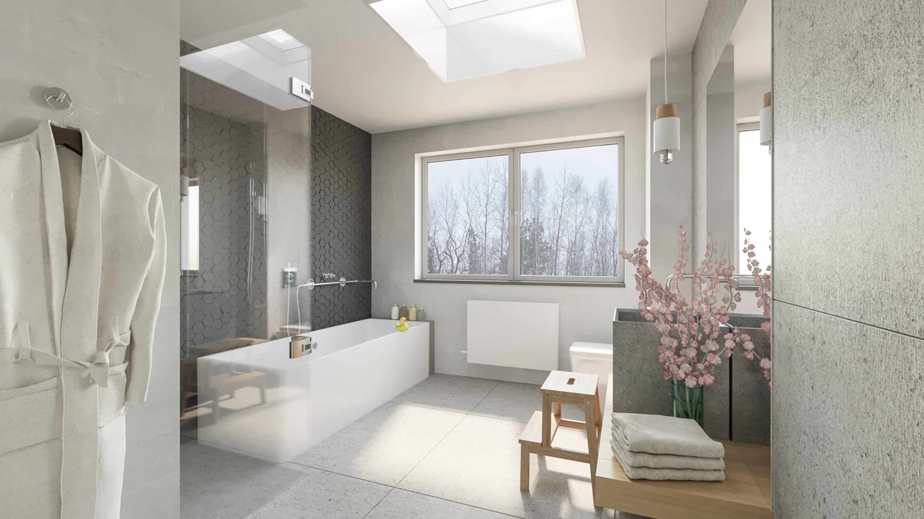 Light filled bathroom with aluminium window